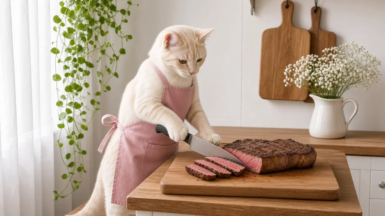 A cream-coloured cat in a pink apron, cooking this dish