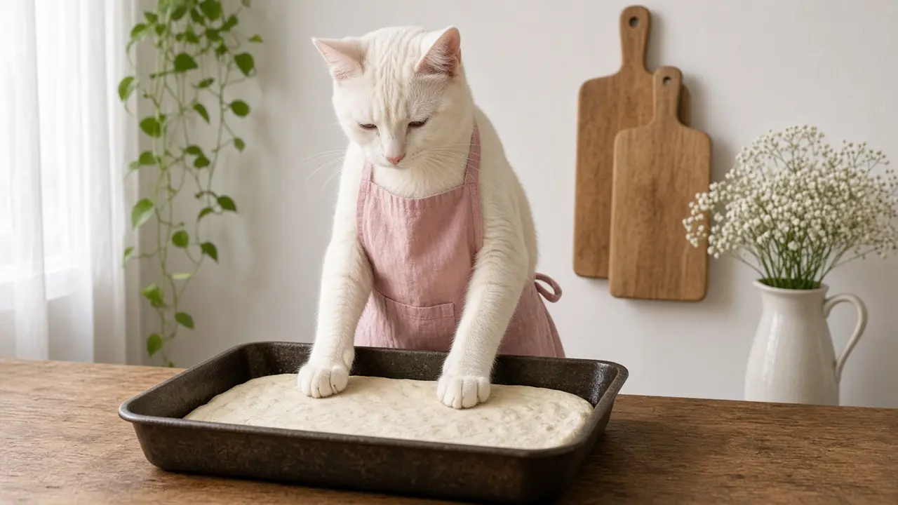 A cream-coloured cat in a pink apron, cooking this dish