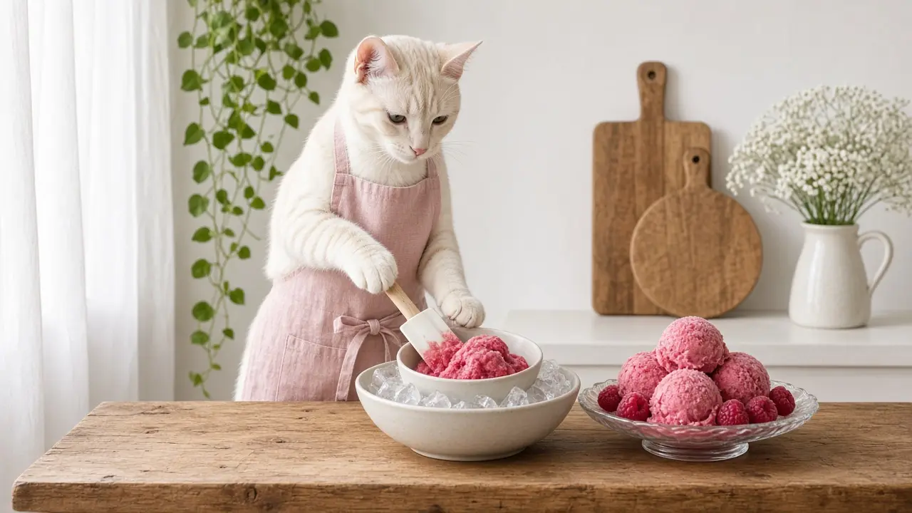 A cream-coloured cat in a pink apron, cooking this dish