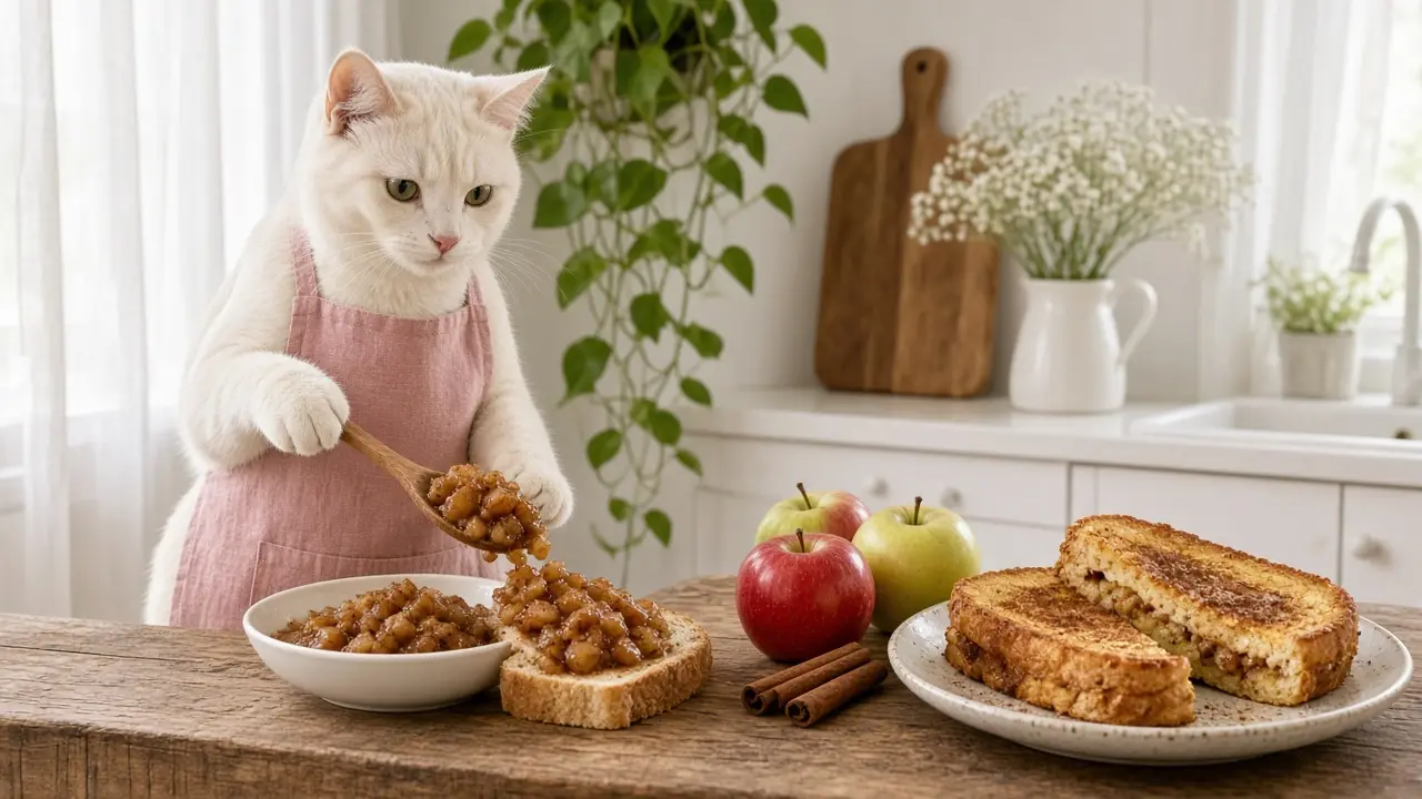 A cream-coloured cat in a pink apron, cooking this dish