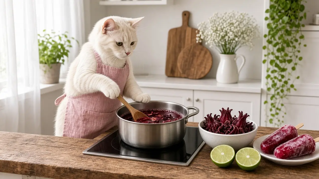 A cream-coloured cat in a pink apron, cooking this dish