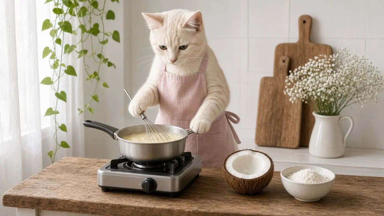 A cream-coloured cat in a pink apron, cooking this dish