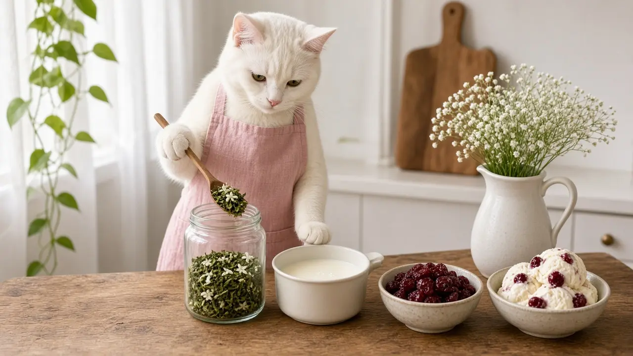 A cream-coloured cat in a pink apron, cooking this dish