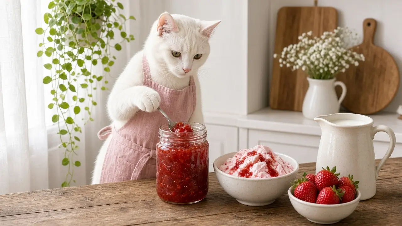A cream-coloured cat in a pink apron, cooking this dish