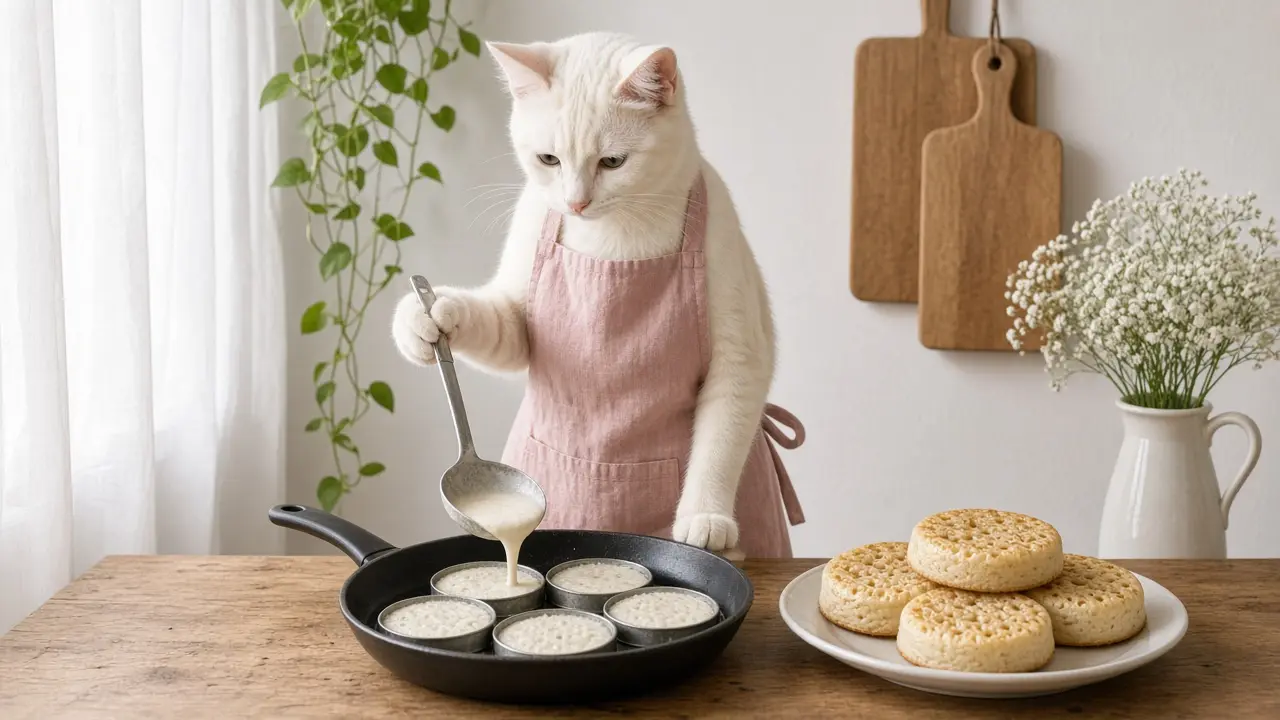 A cream-coloured cat in a pink apron, cooking this dish