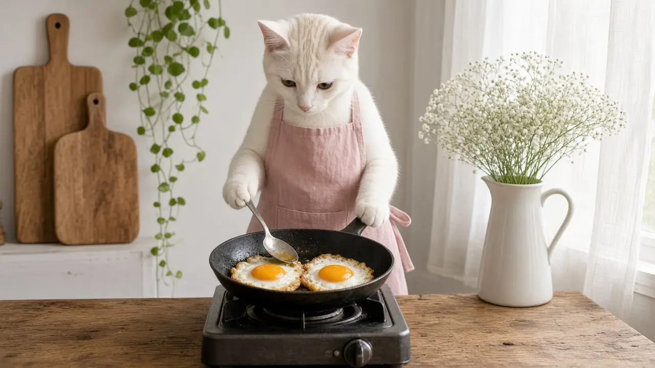 A cream-coloured cat in a pink apron, cooking this dish