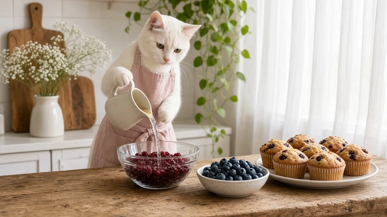 A cream-coloured cat in a pink apron, cooking this dish