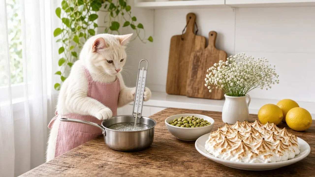 A cream-coloured cat in a pink apron, cooking this dish