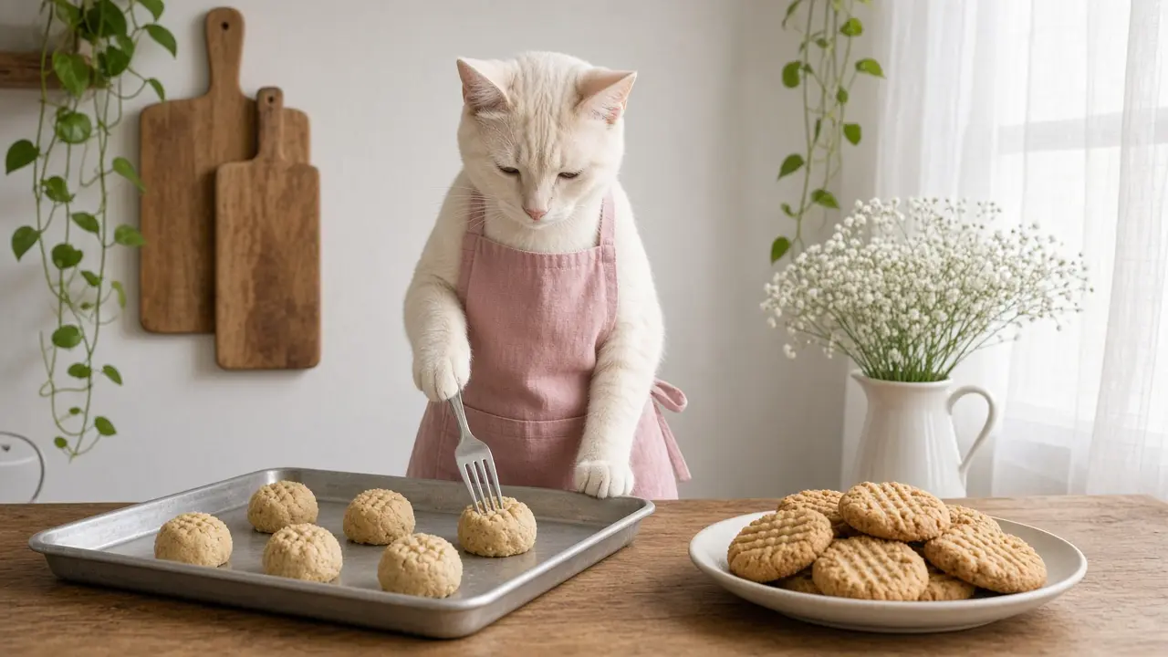 A cream-coloured cat in a pink apron, cooking this dish