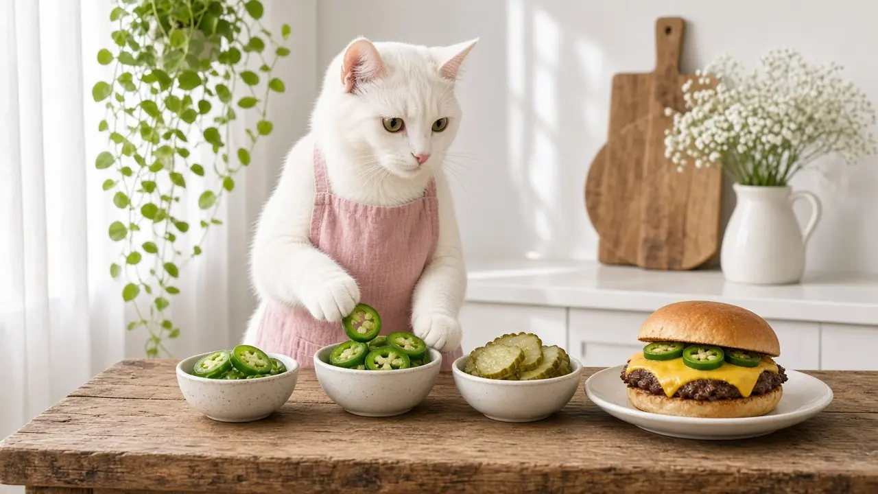 A cream-coloured cat in a pink apron, cooking this dish