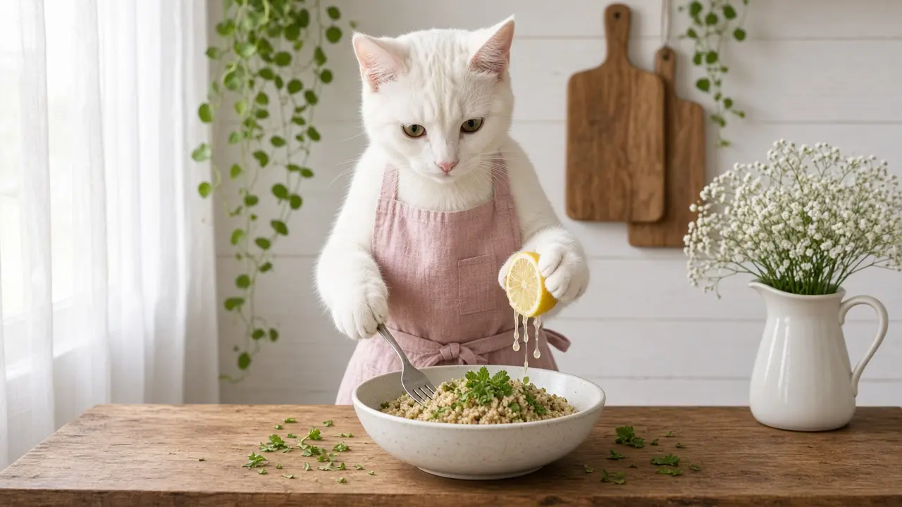 A cream-coloured cat in a pink apron, cooking this dish