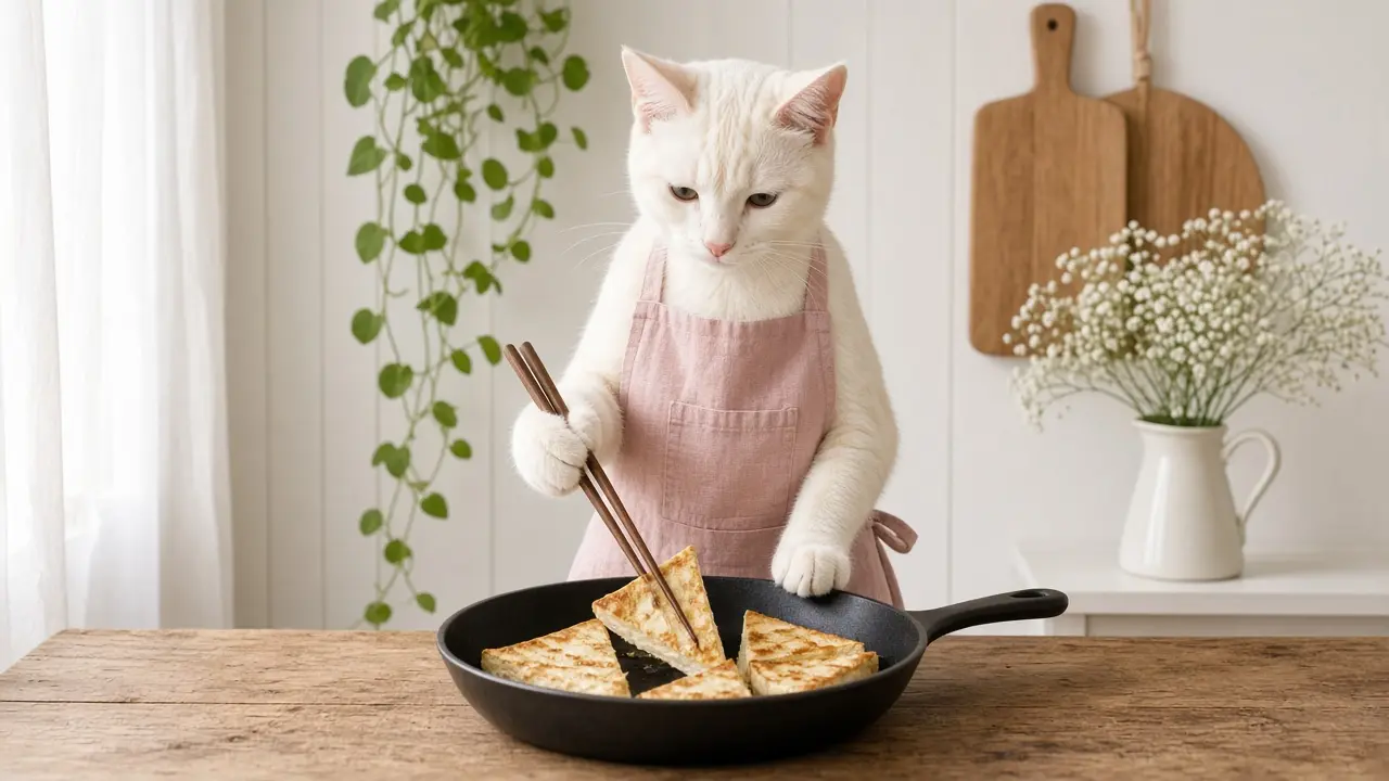 A cream-coloured cat in a pink apron, cooking this dish