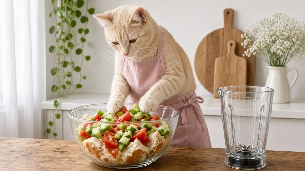A cream-coloured cat in a pink apron, cooking this dish
