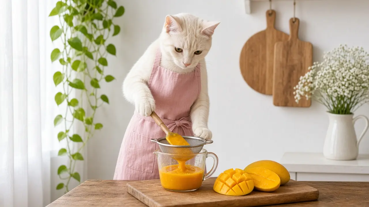 A cream-coloured cat in a pink apron, cooking this dish