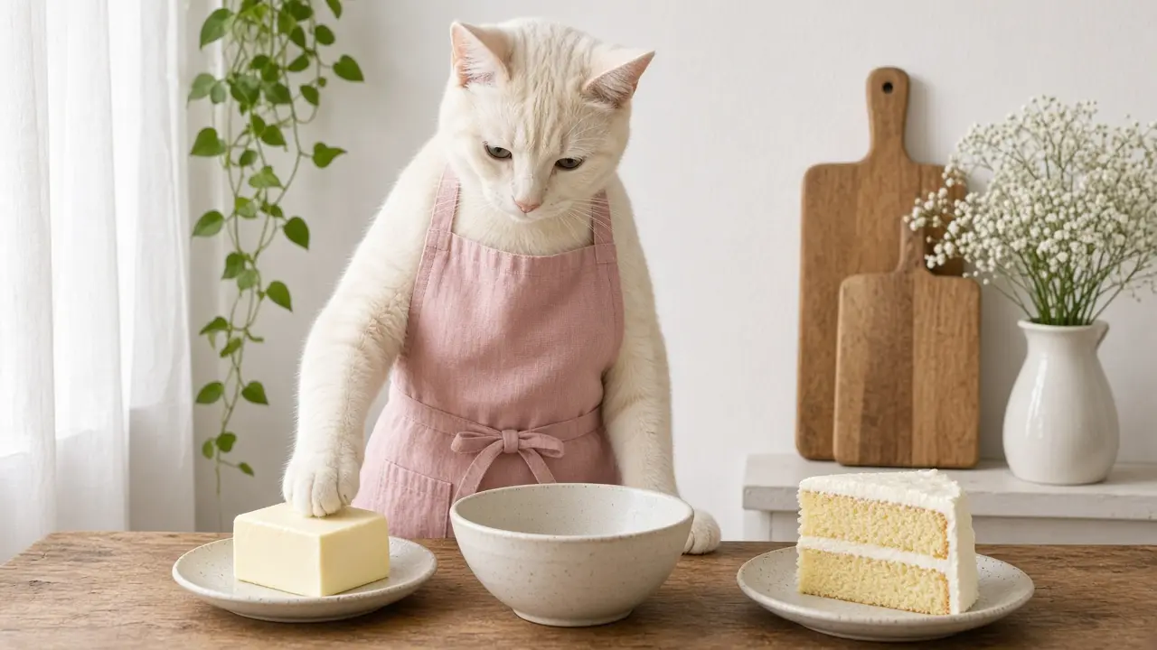 A cream-coloured cat in a pink apron, cooking this dish