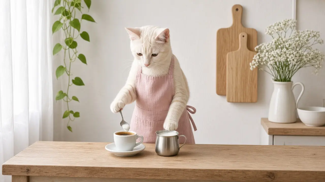 A cream-coloured cat in a pink apron, cooking this dish