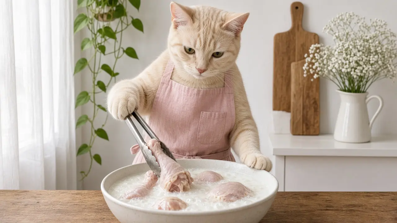 A cream-coloured cat in a pink apron, cooking this dish