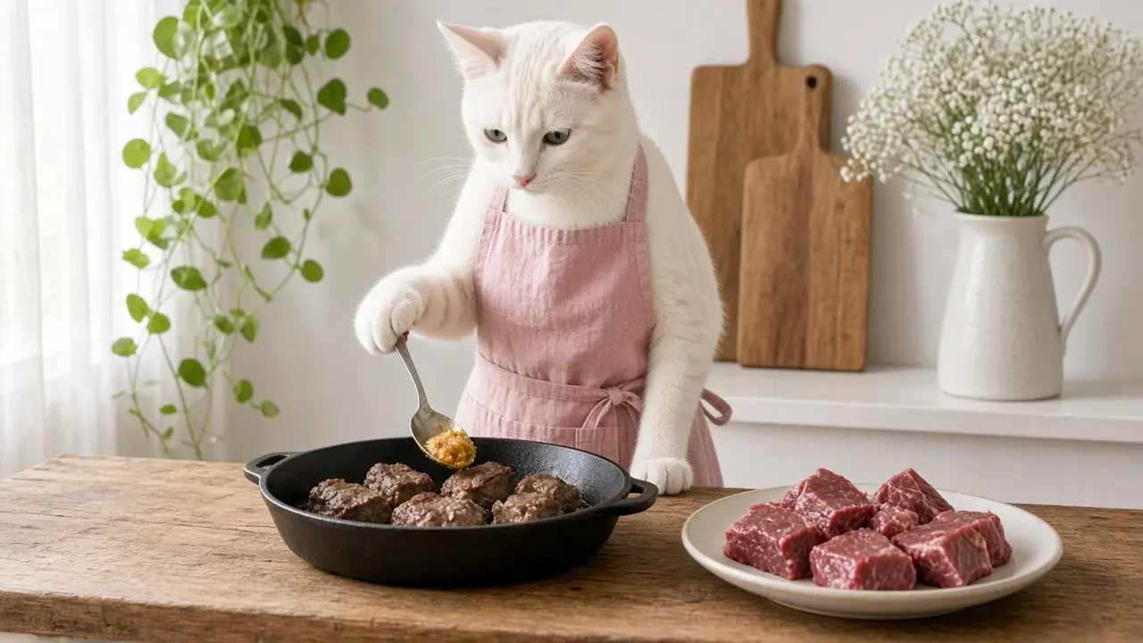 A cream-coloured cat in a pink apron, cooking this dish