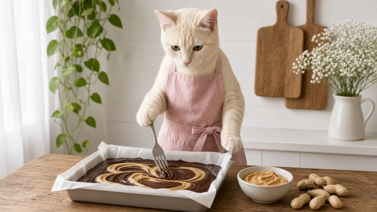 A cream-coloured cat in a pink apron, cooking this dish