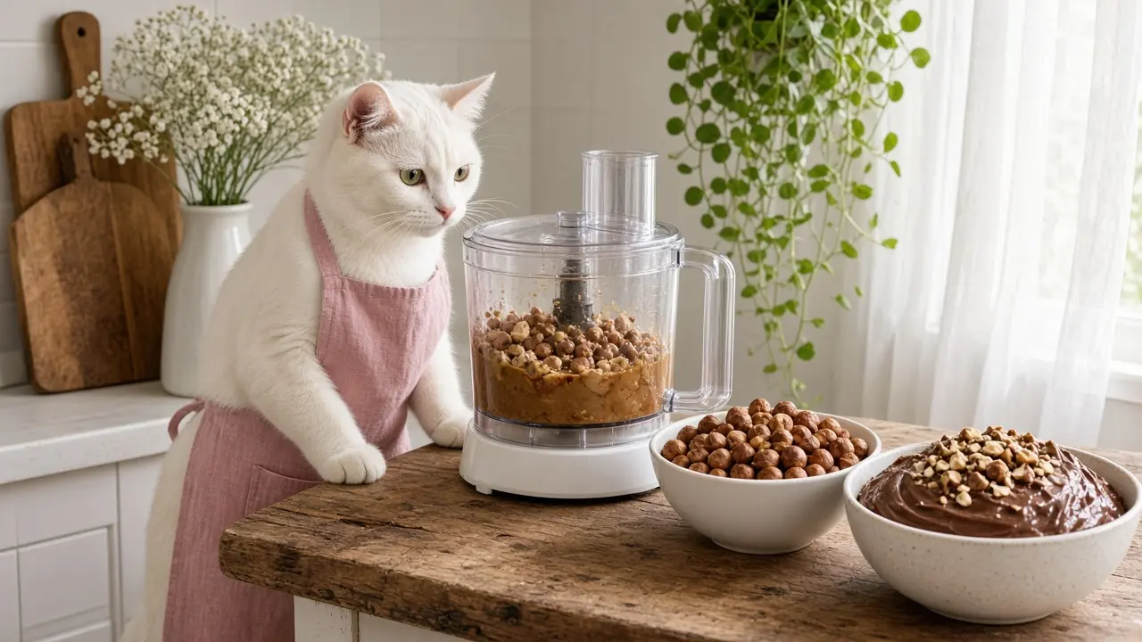 A cream-coloured cat in a pink apron, cooking this dish