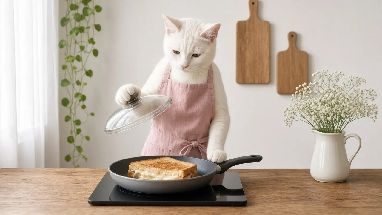 A cream-coloured cat in a pink apron, cooking this dish