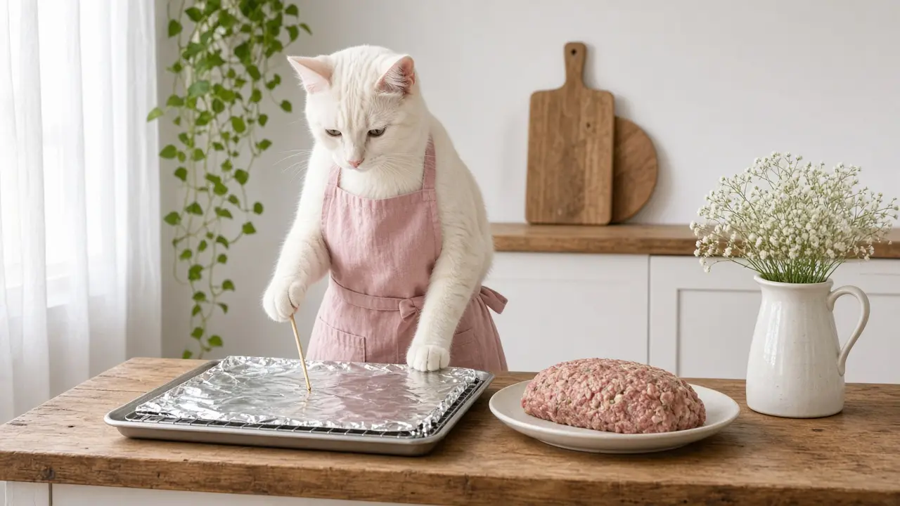 A cream-coloured cat in a pink apron, cooking this dish