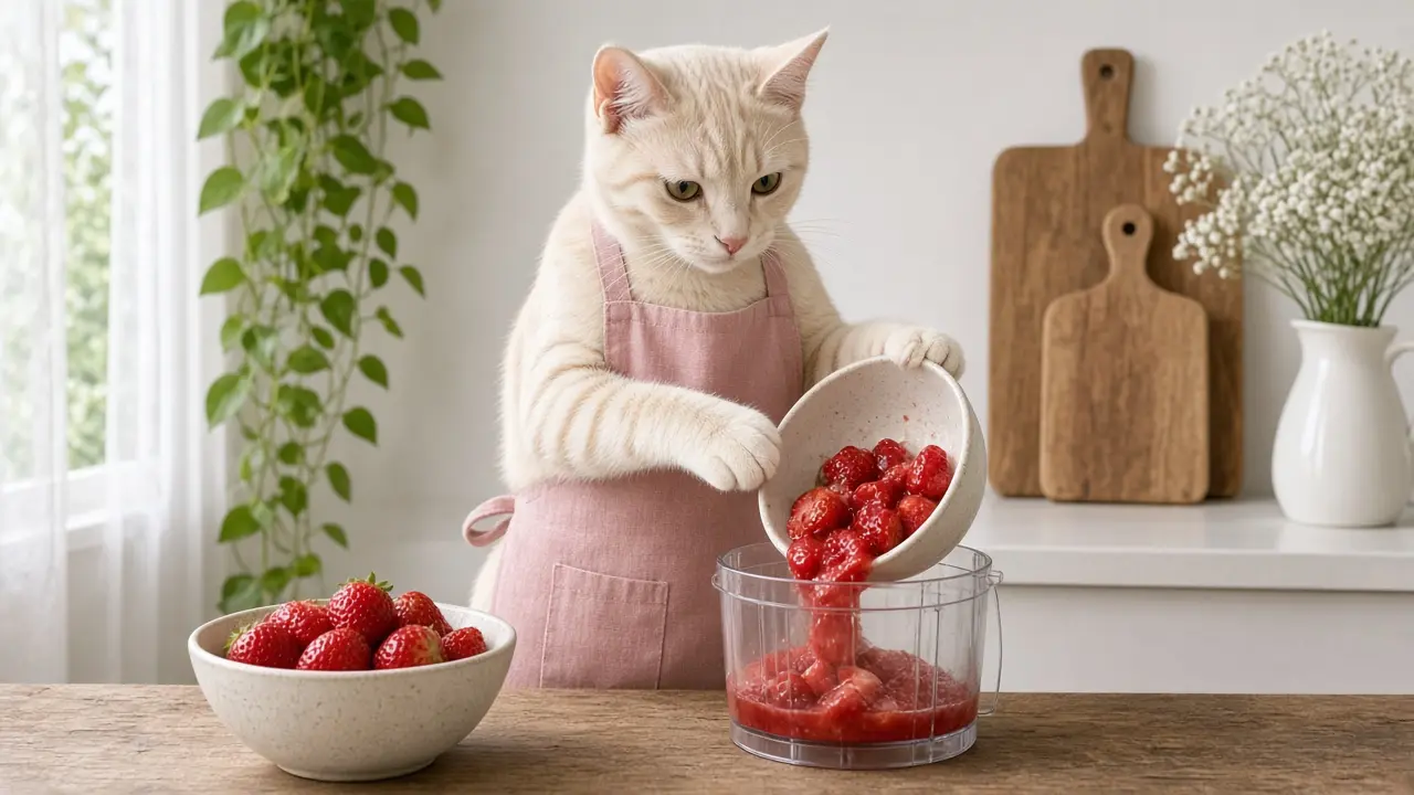 A cream-coloured cat in a pink apron, cooking this dish