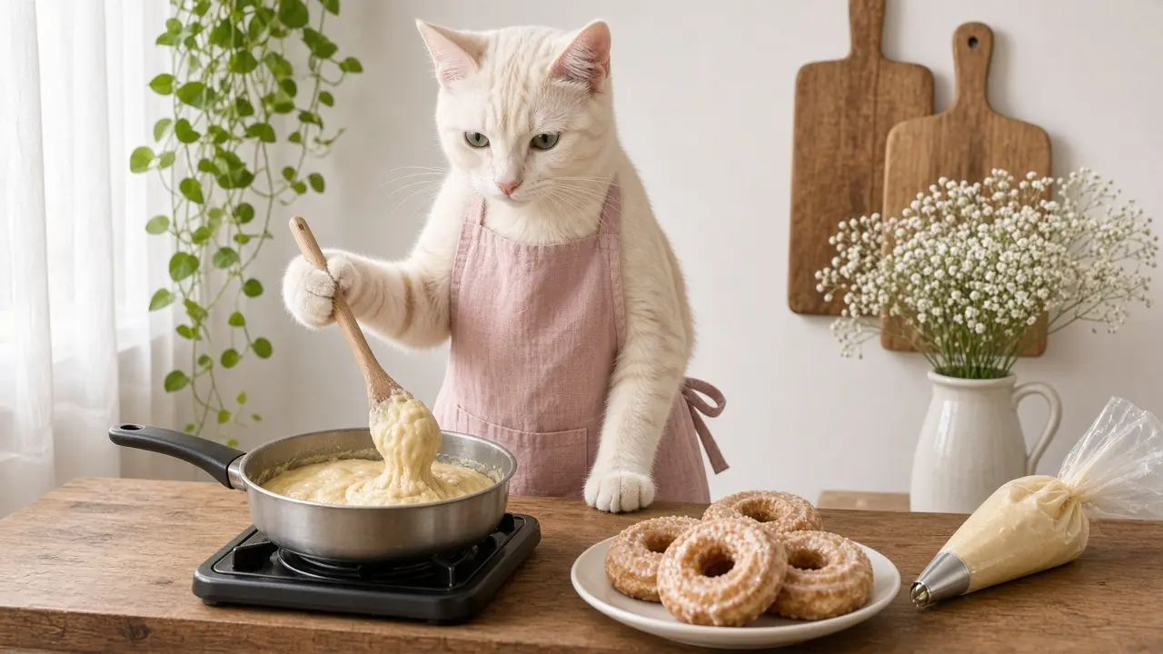 A cream-coloured cat in a pink apron, cooking this dish
