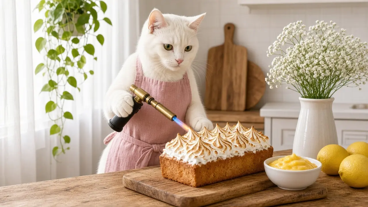 A cream-coloured cat in a pink apron, cooking this dish