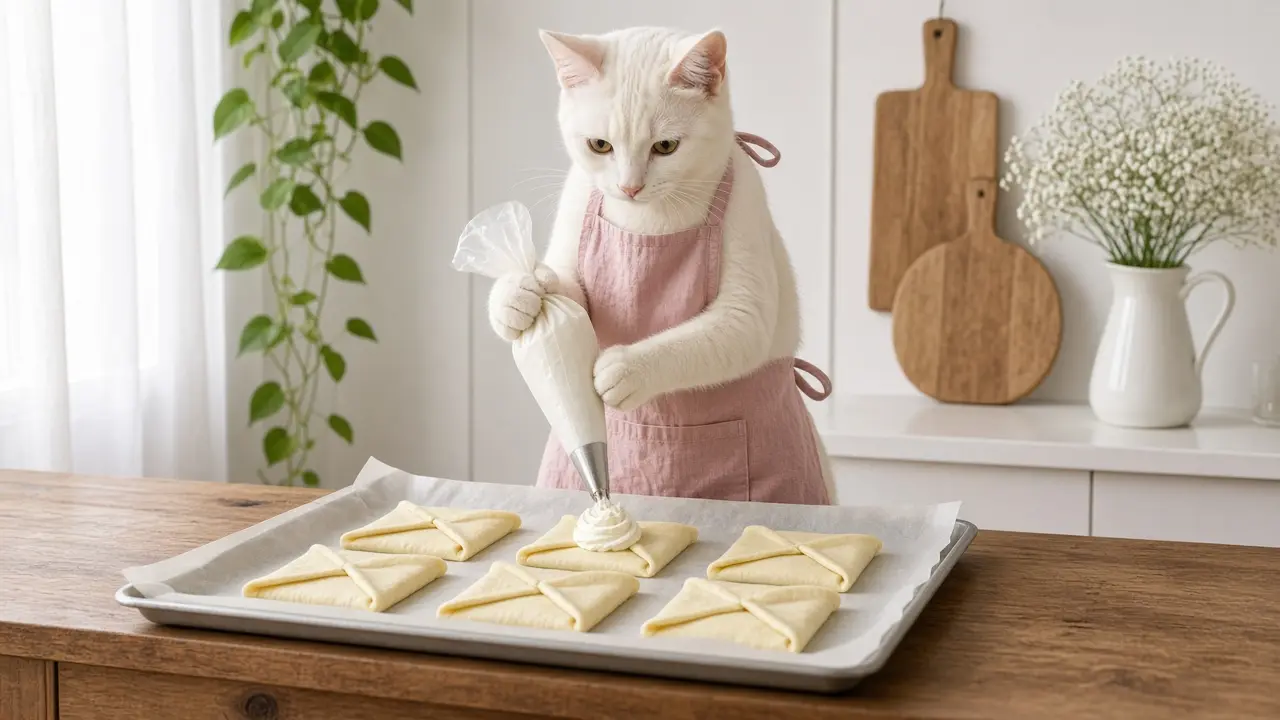 A cream-coloured cat in a pink apron, cooking this dish
