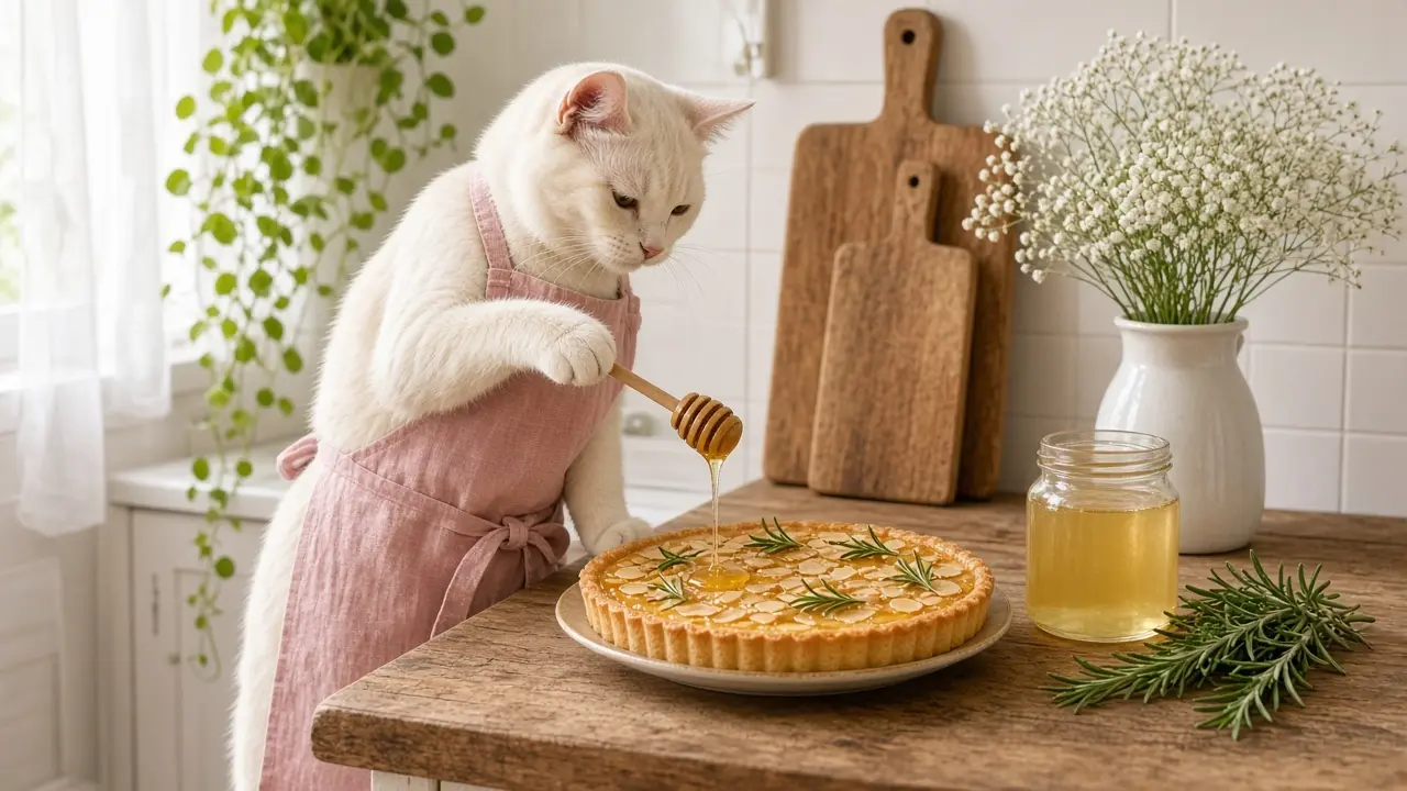 A cream-coloured cat in a pink apron, cooking this dish