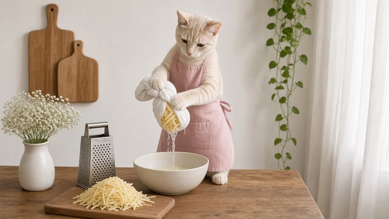 A cream-coloured cat in a pink apron, cooking this dish