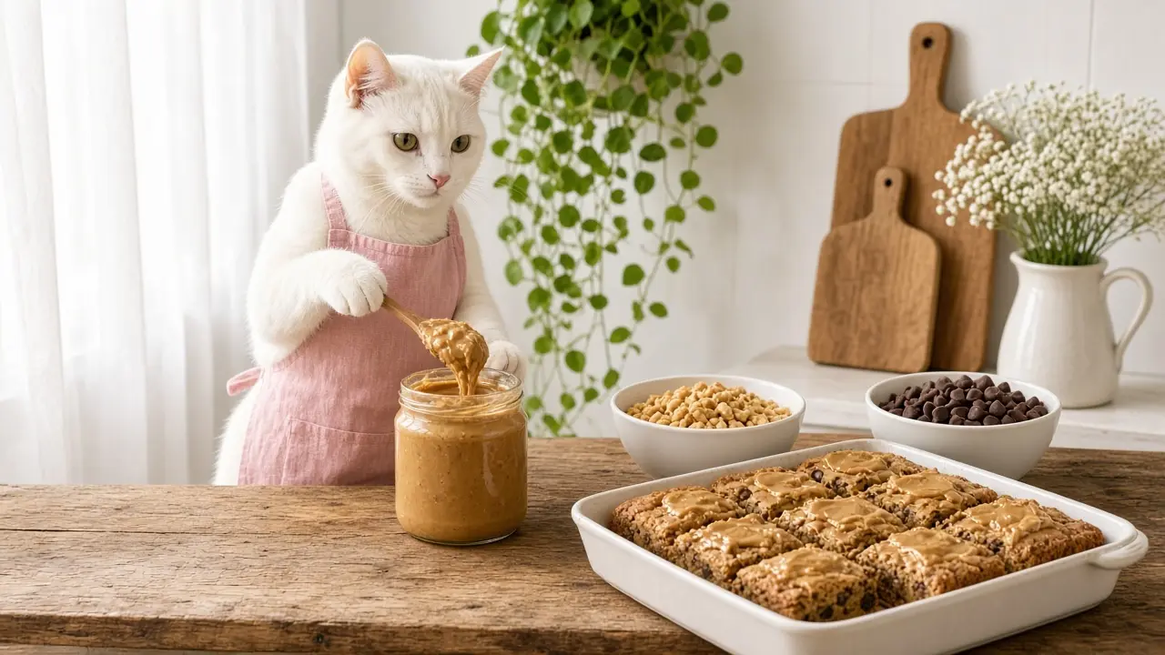 A cream-coloured cat in a pink apron, cooking this dish