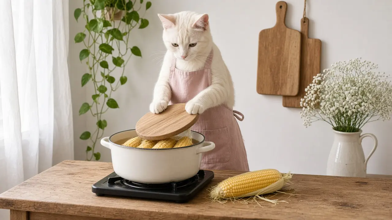 A cream-coloured cat in a pink apron, cooking this dish