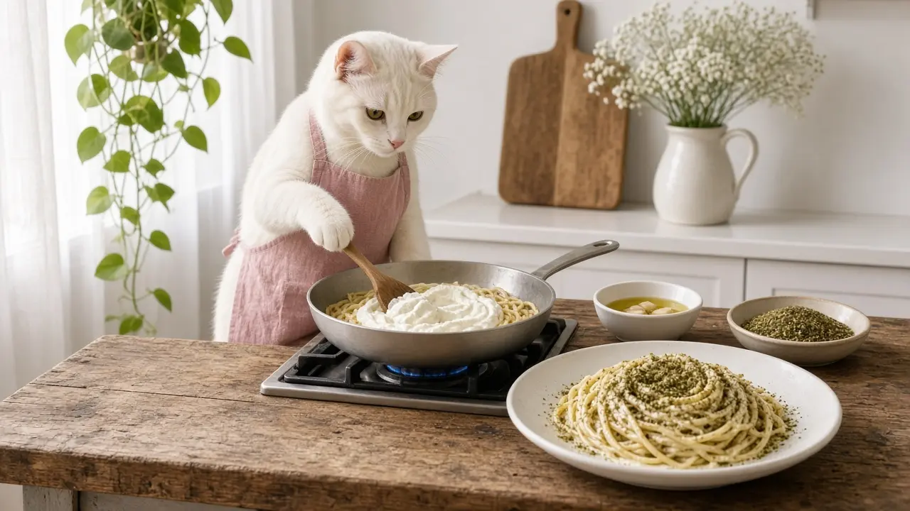 A cream-coloured cat in a pink apron, cooking this dish