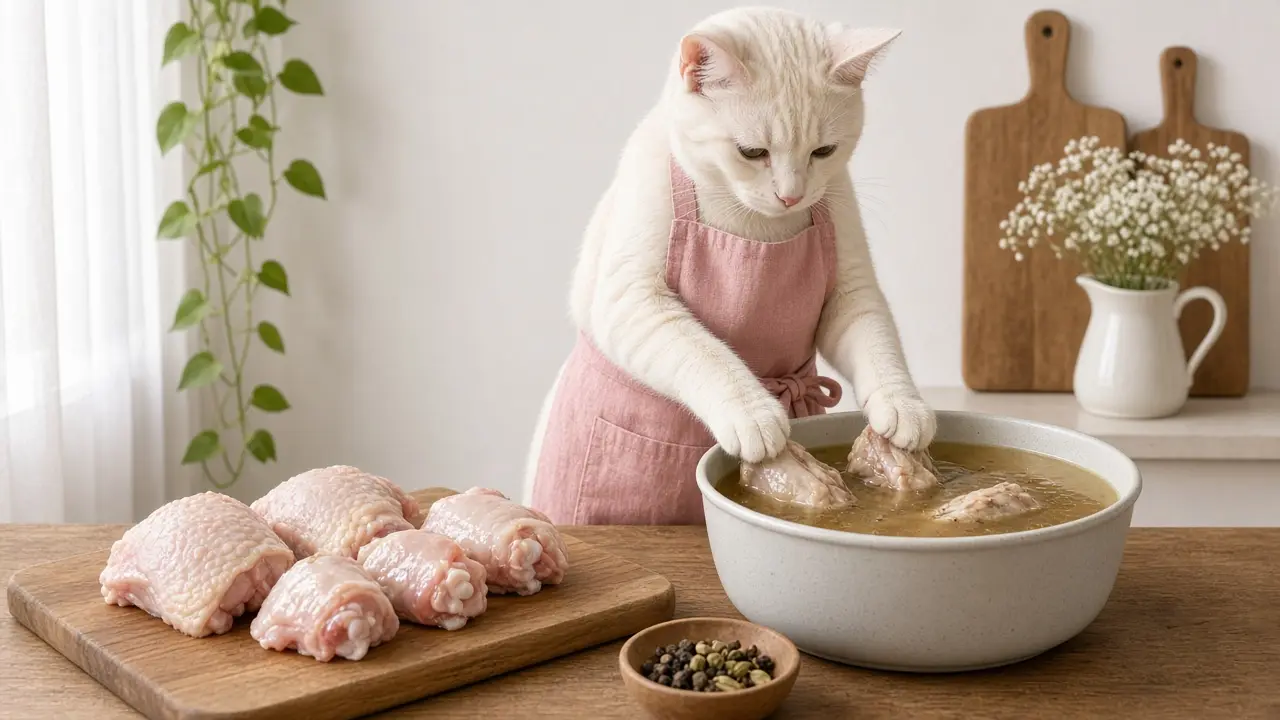 A cream-coloured cat in a pink apron, cooking this dish