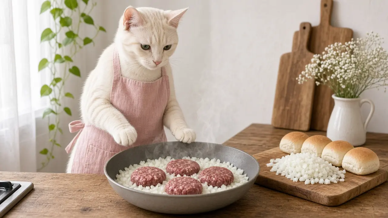 A cream-coloured cat in a pink apron, cooking this dish
