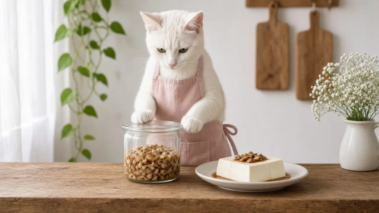 A cream-coloured cat in a pink apron, cooking this dish