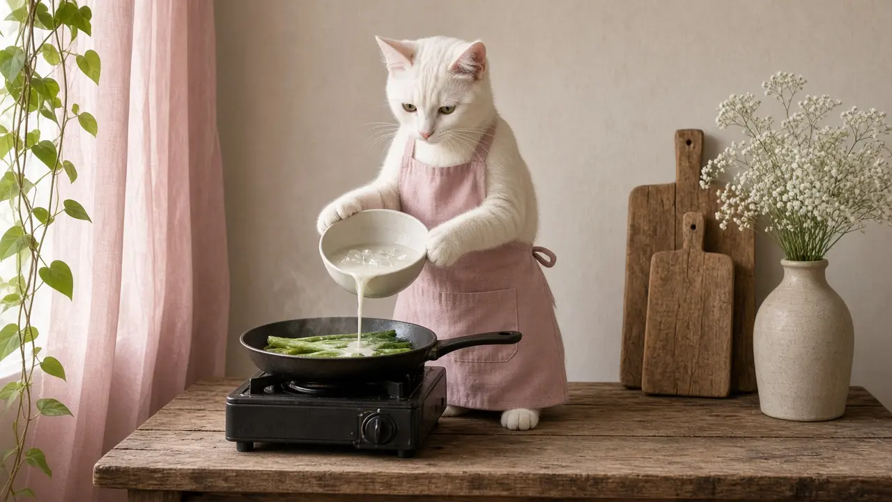 A cream-coloured cat in a pink apron, cooking this dish
