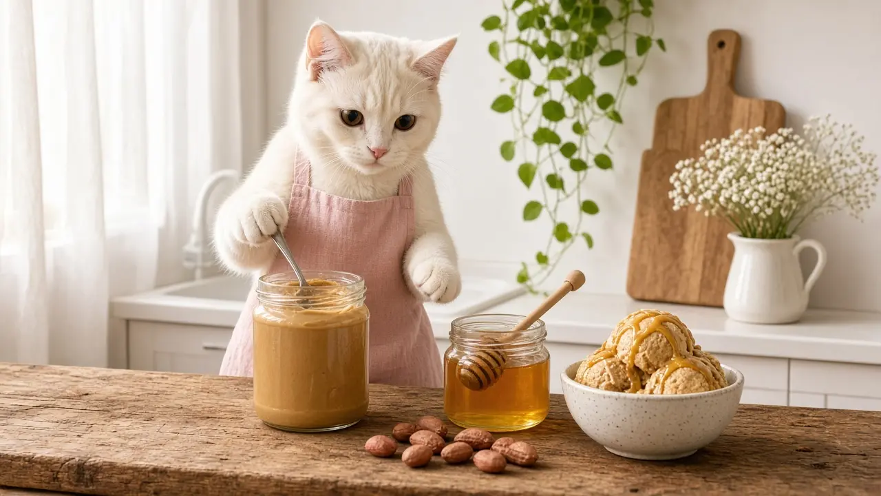 A cream-coloured cat in a pink apron, cooking this dish