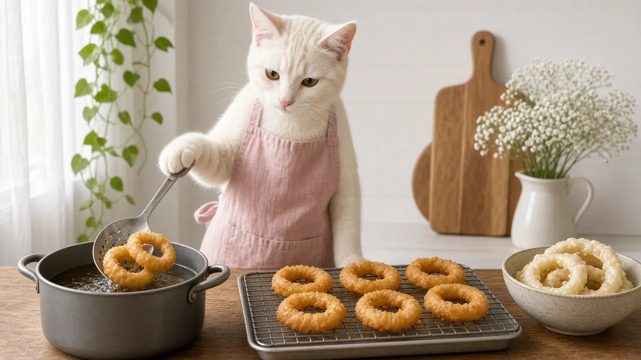 A cream-coloured cat in a pink apron, cooking this dish