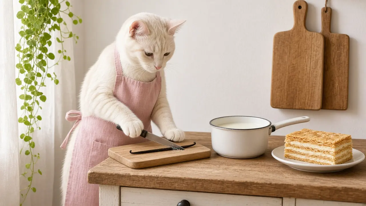 A cream-coloured cat in a pink apron, cooking this dish