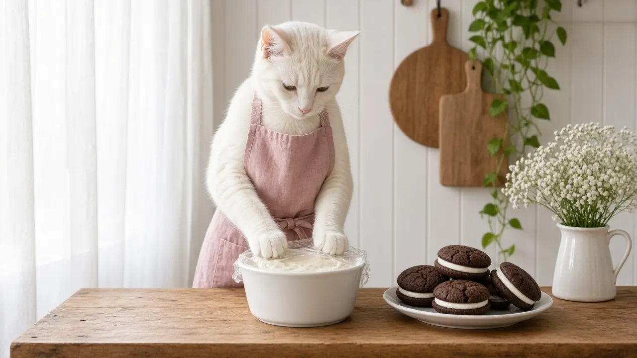 A cream-coloured cat in a pink apron, cooking this dish