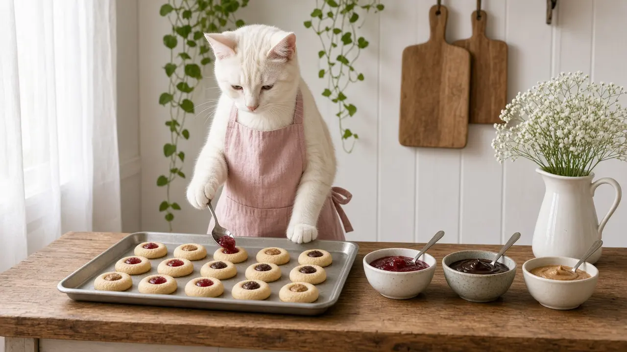 A cream-coloured cat in a pink apron, cooking this dish