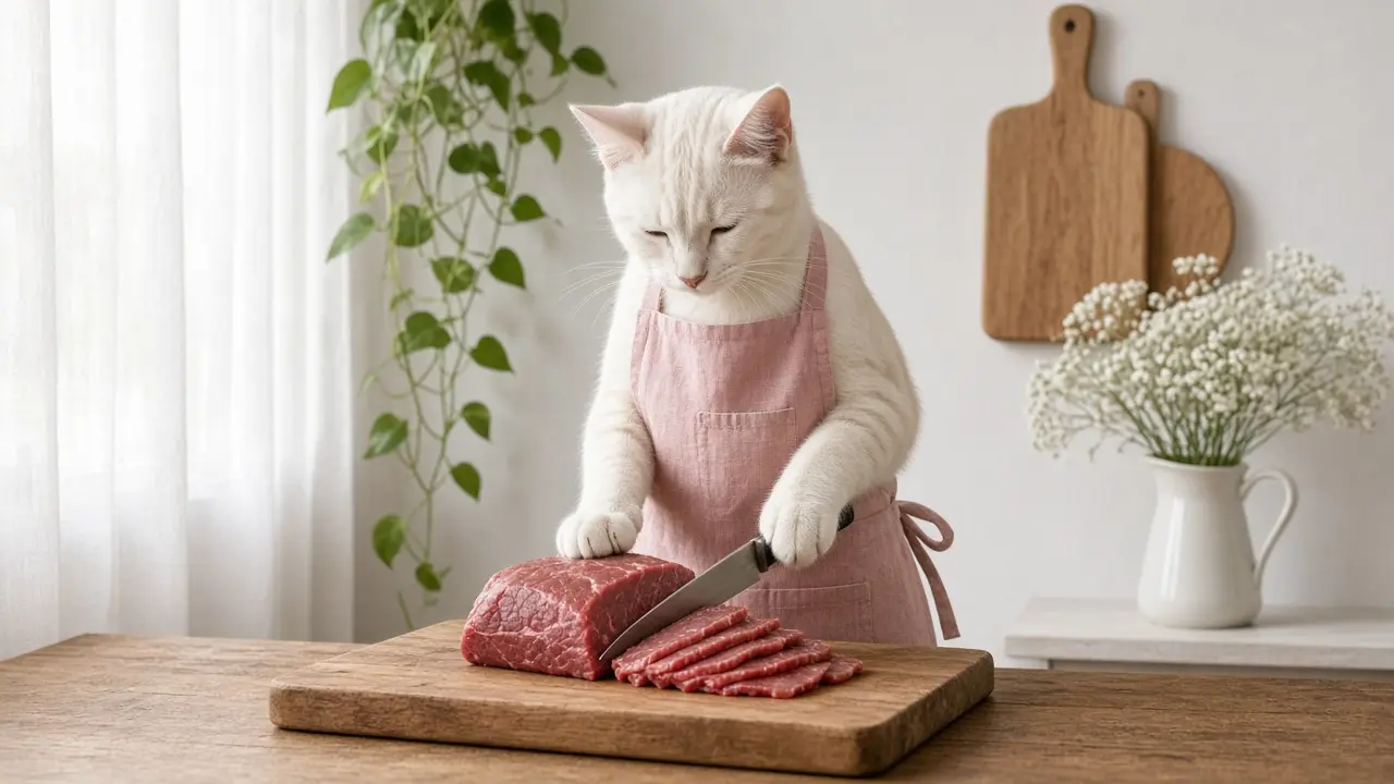 A cream-coloured cat in a pink apron, cooking this dish