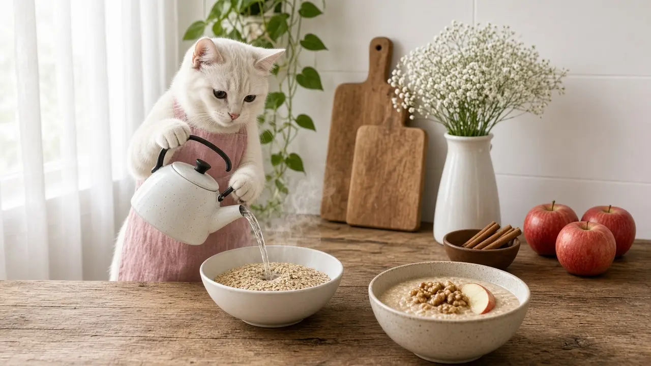 A cream-coloured cat in a pink apron, cooking this dish