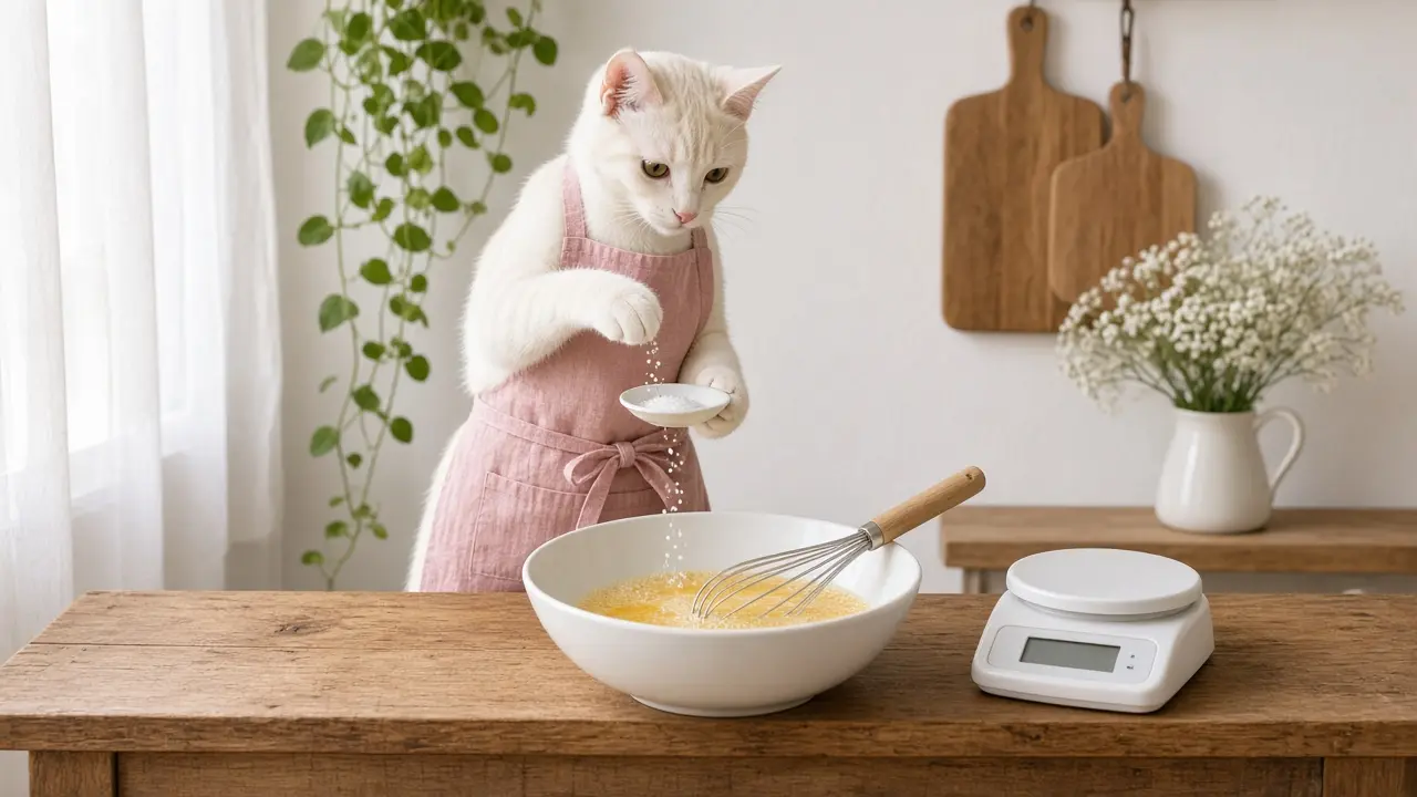 A cream-coloured cat in a pink apron, cooking this dish