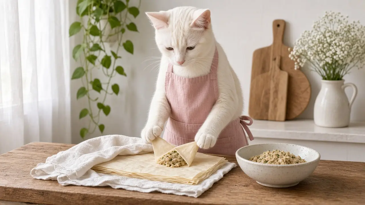 A cream-coloured cat in a pink apron, cooking this dish