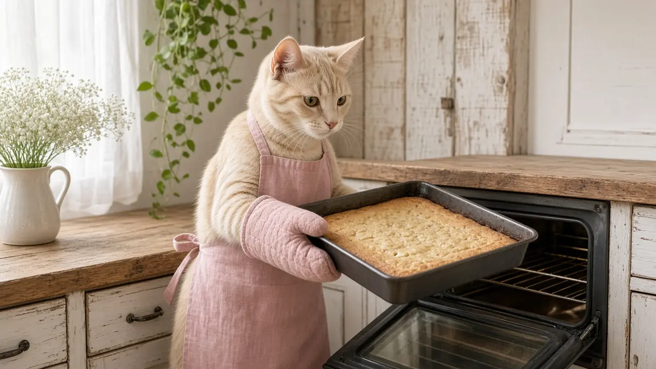 A cream-coloured cat in a pink apron, cooking this dish