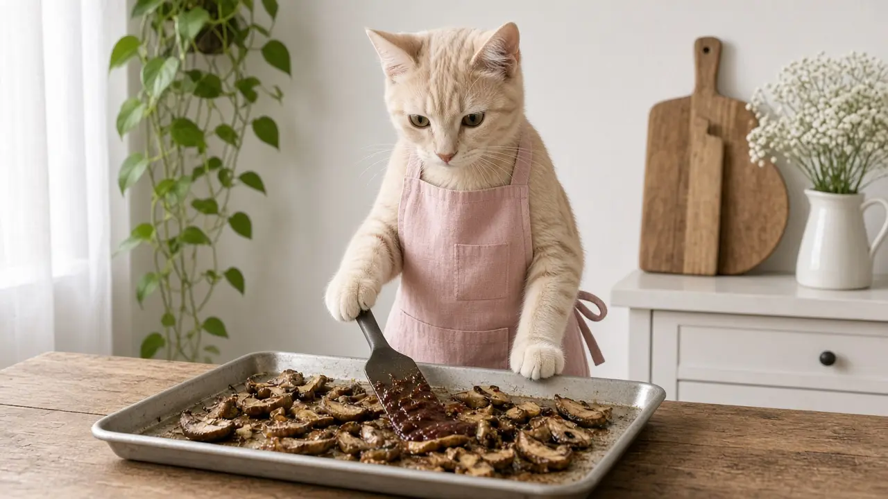 A cream-coloured cat in a pink apron, cooking this dish